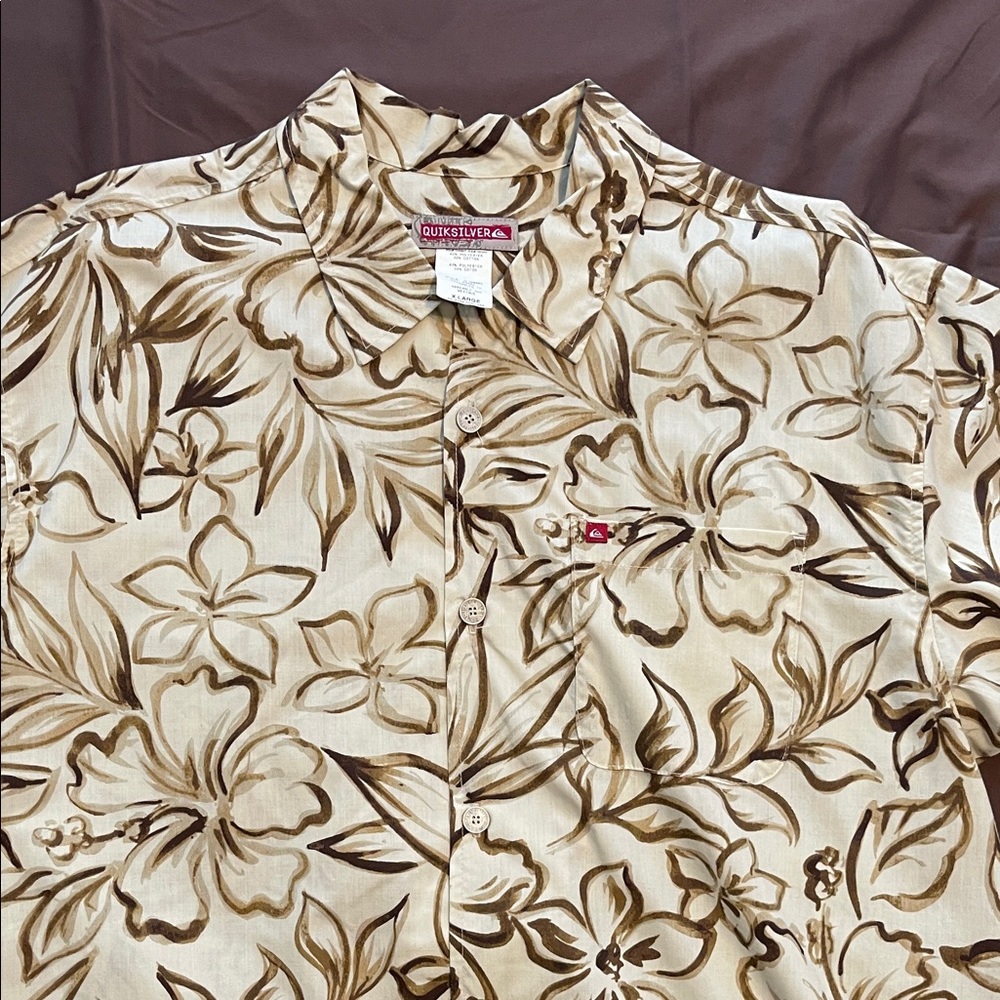 Quiksilver Cream and Brown Floral Hawaiian Shirt